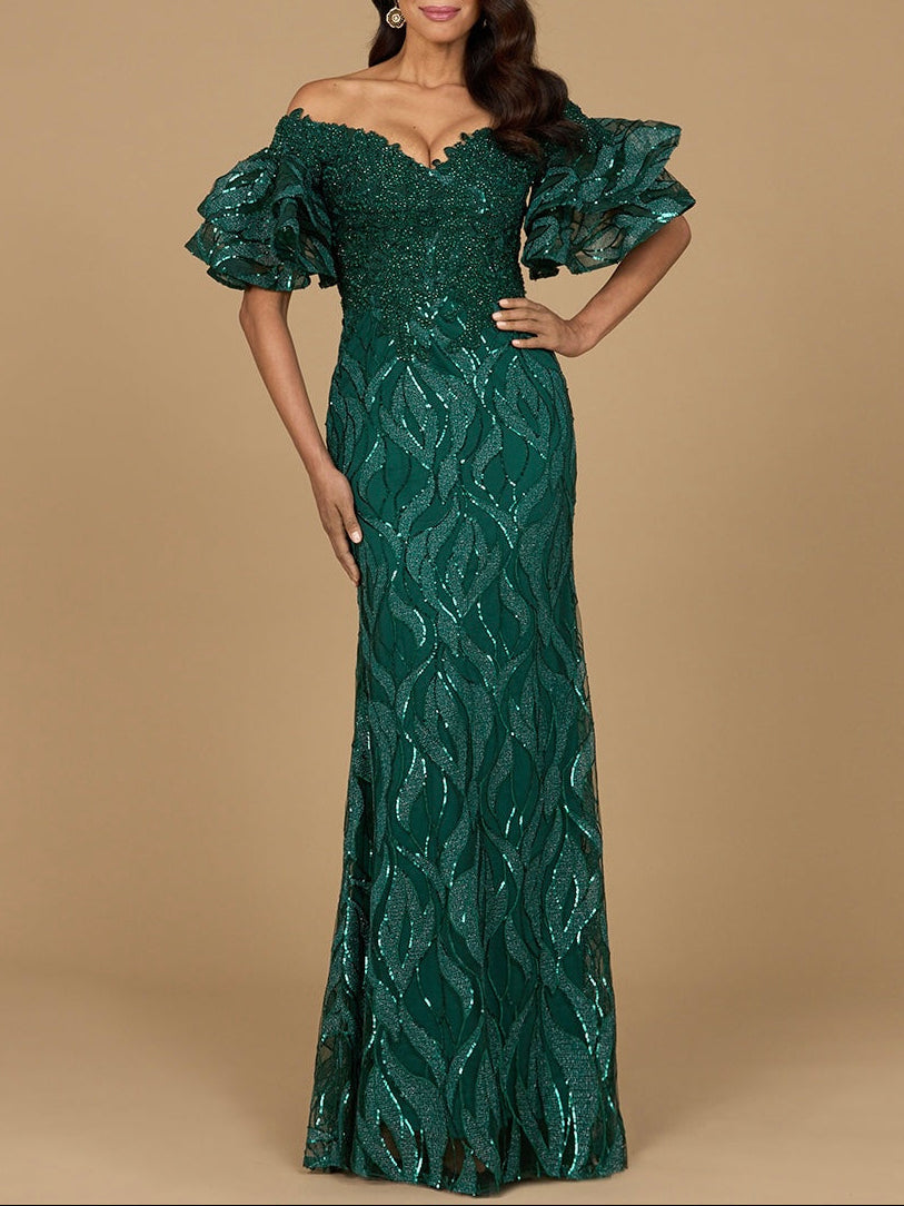 Off Shoulder Mermaid Beaded Gown with Tiered Sleeves