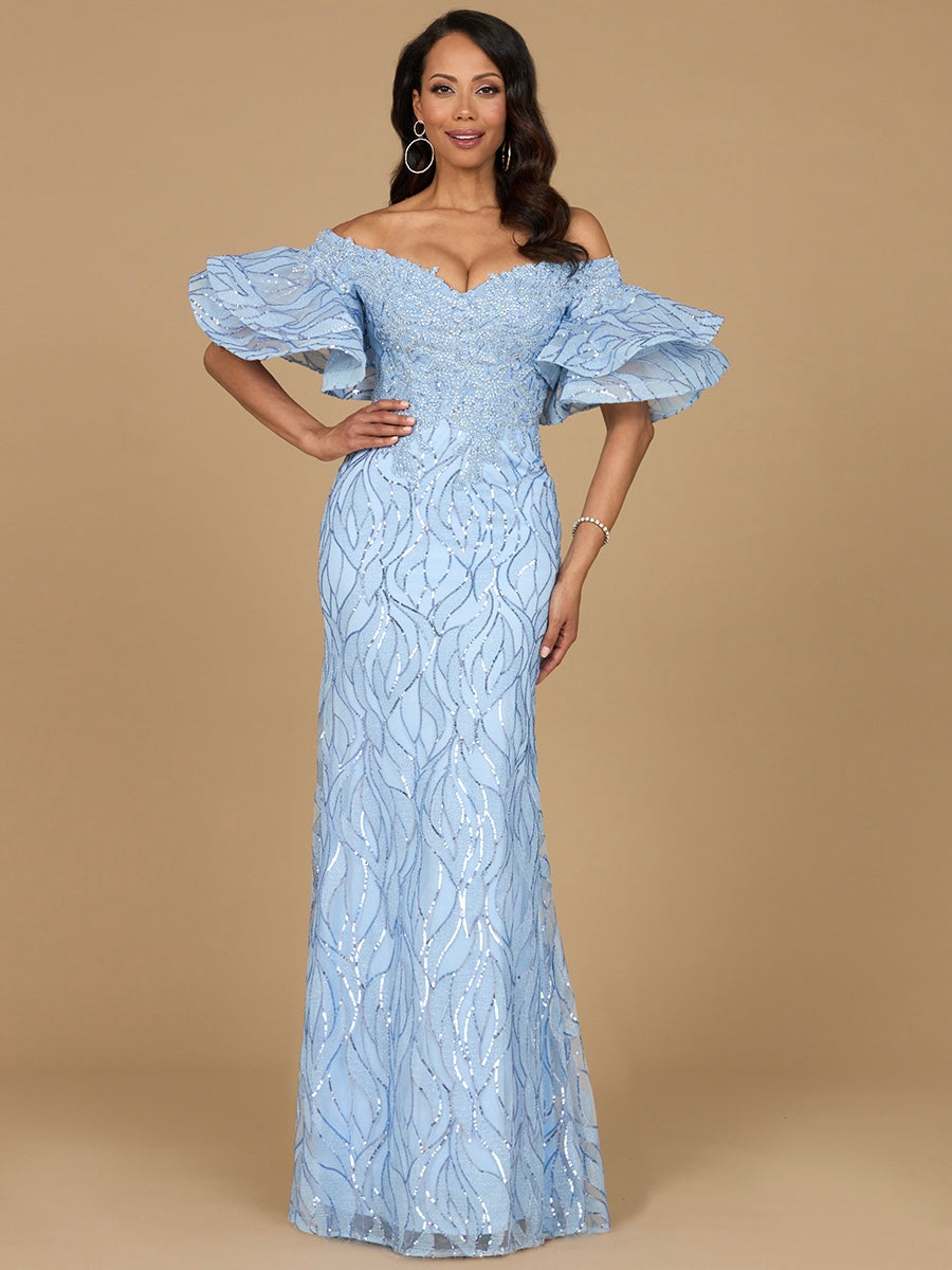 Off Shoulder Mermaid Beaded Gown with Tiered Sleeves